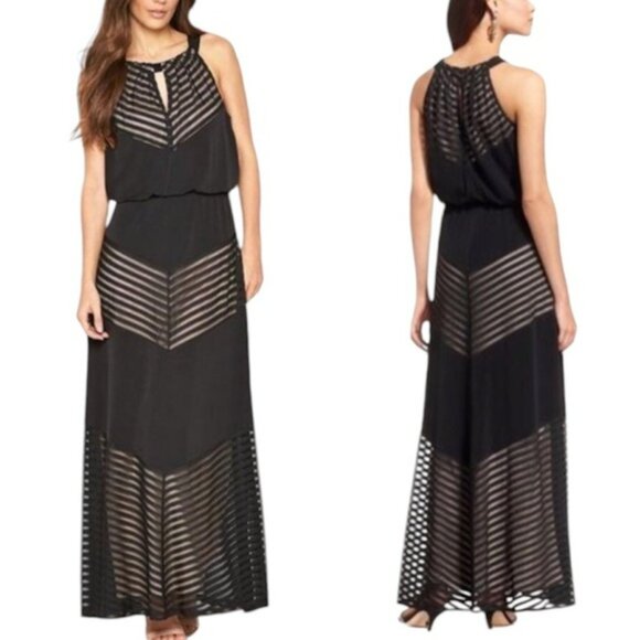 London Times Betsy Knit Black Chevron Ilusión Halter Keyhole Lined Maxi Dress - Picture 1 of 15
